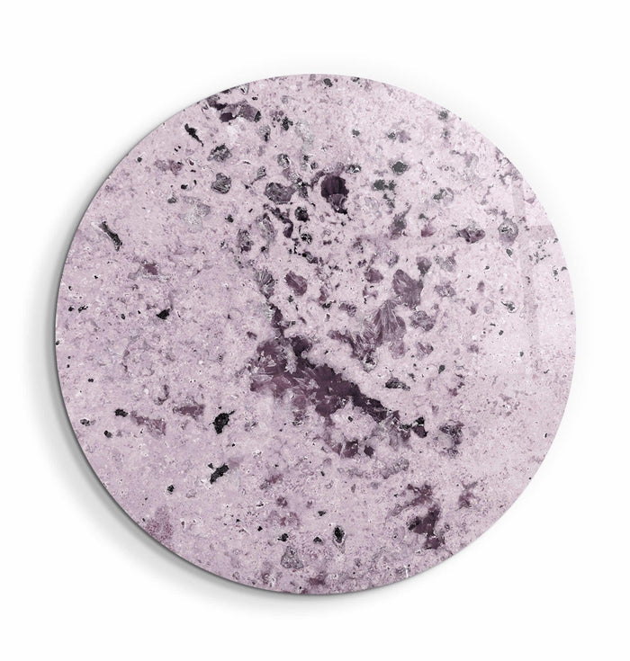 Light purple glass wall art with embedded crystals, rounded shape, designed by Artdesigna, suitable for modern interior decor.