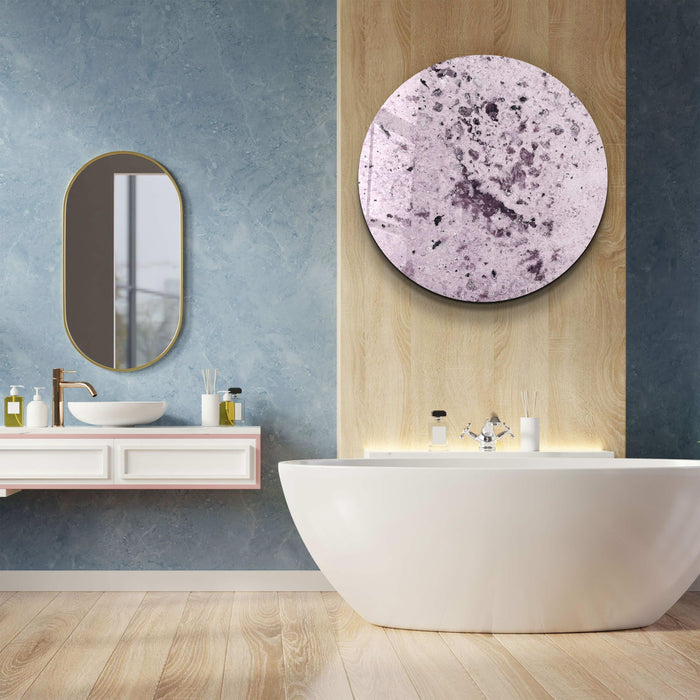 Light purple crystal stone embedded in rounded glass wall art by Artdesigna, featuring a smooth, polished surface and artistic design.