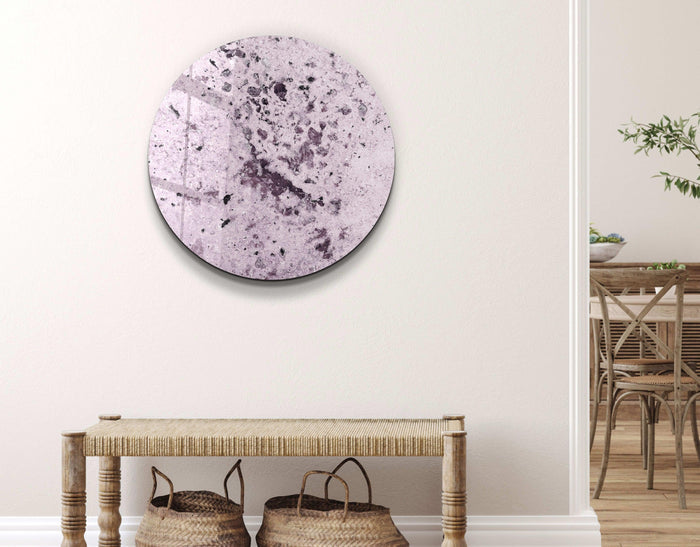 Light purple glass wall art with embedded crystals, rounded shape, designed by Artdesigna for elegant home decor.