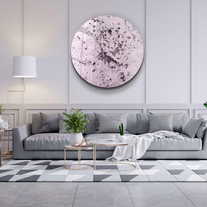 Light purple rounded glass wall art with embedded crystals, designed by Artdesigna, featuring a smooth, polished surface and decorative details.