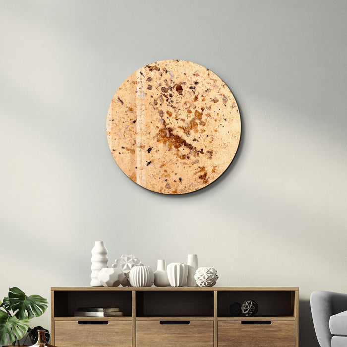 Rounded glass wall art featuring yellow stones and crystals, designed by Artdesigna for elegant interior decor.