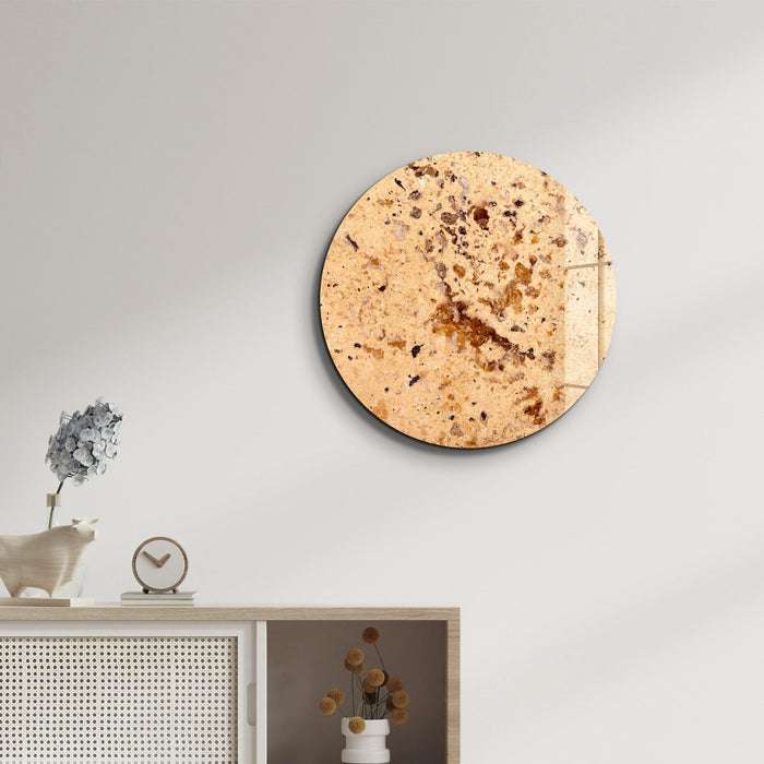 Rounded glass wall art piece featuring yellow stones and crystals, designed by Artdesigna for elegant home decor.