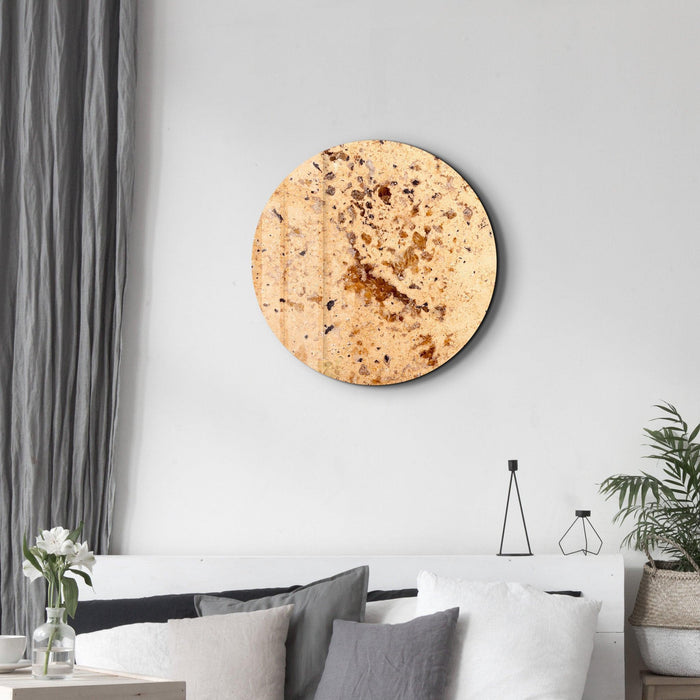 Rounded glass wall art featuring a yellow stone with crystals, designed by Artdesigna, decorative modern glass wall decor.