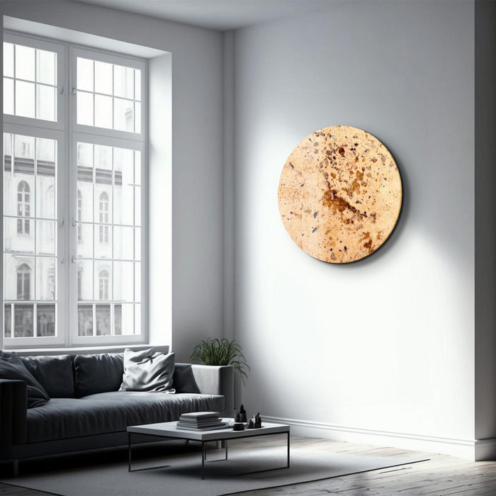 Round glass wall art featuring yellow stones and crystals by Artdesigna, showcasing a vibrant, decorative design for interior walls.