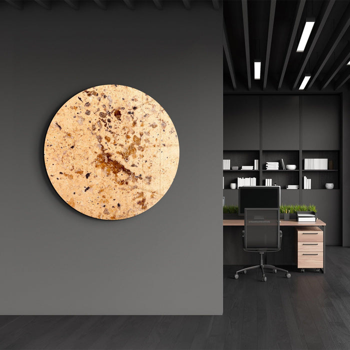 Yellow stone with crystals in rounded glass wall art by Artdesigna, featuring vibrant colors and textured design.