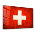 Switzerland Flag Splash glass wall art by Artdesigna showing a vibrant Swiss flag design on clear glass.
