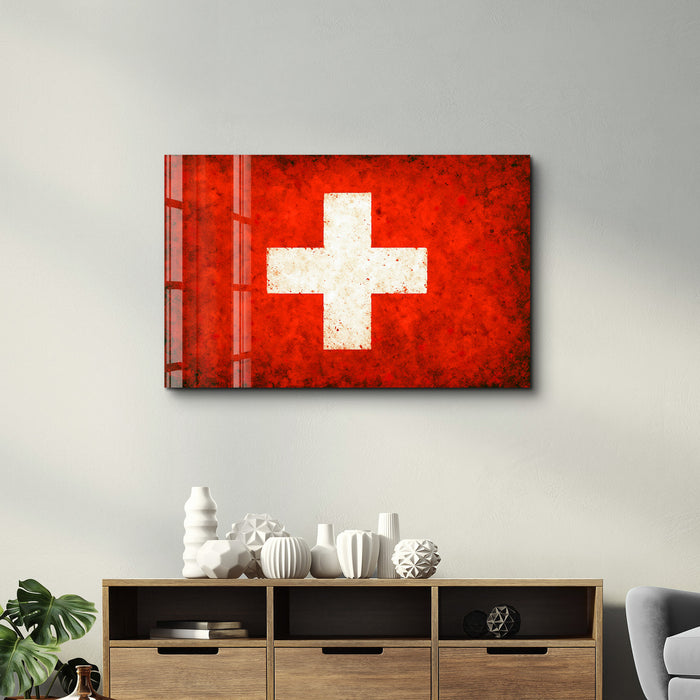 Switzerland Flag Splash glass wall art by Artdesigna, featuring vibrant colors and modern design suitable for home decor.
