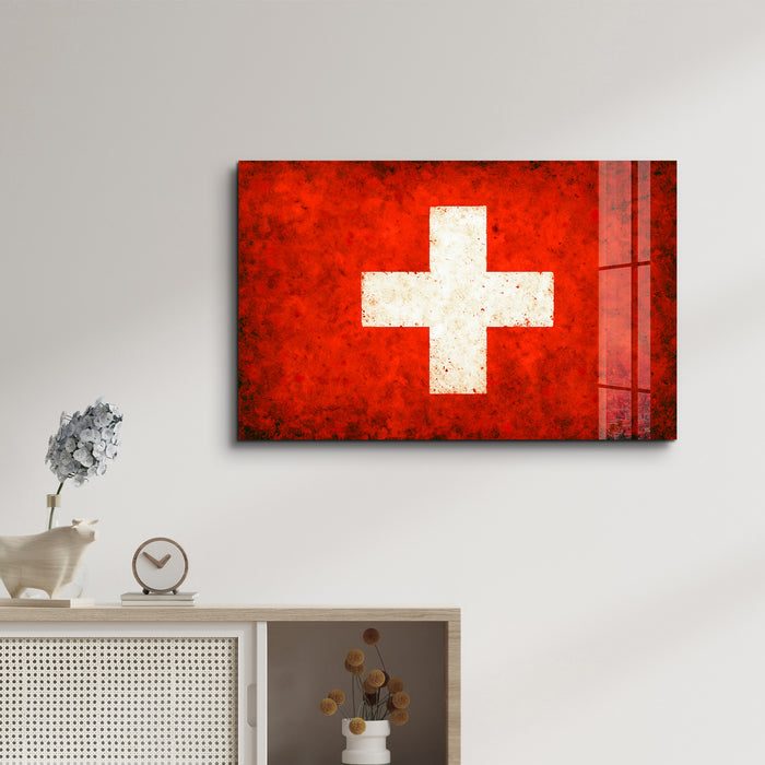Switzerland Flag Splash glass wall art by Artdesigna showing vibrant red and white flag design on clear glass panel.