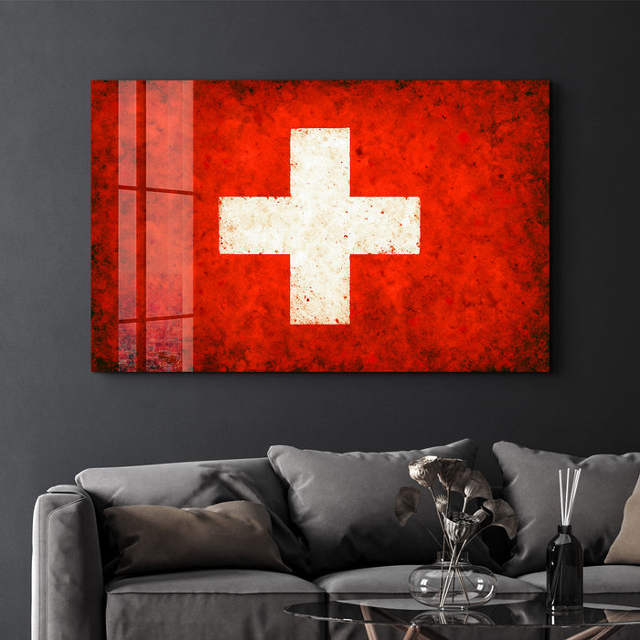 Switzerland Flag Splash glass wall art by Artdesigna, featuring vibrant red and white colors on clear glass for modern wall decor.