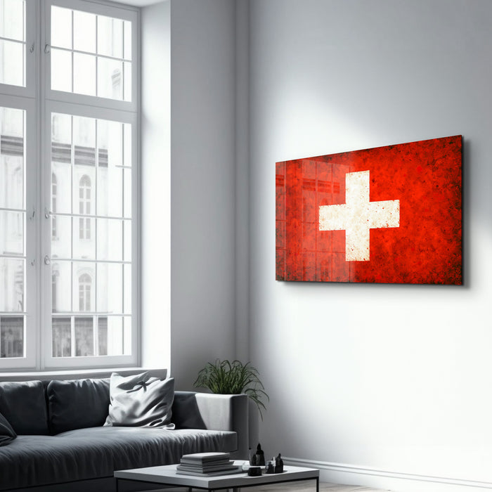 Switzerland Flag Splash glass wall art by Artdesigna, featuring vibrant red and white colors on a sleek glass surface.