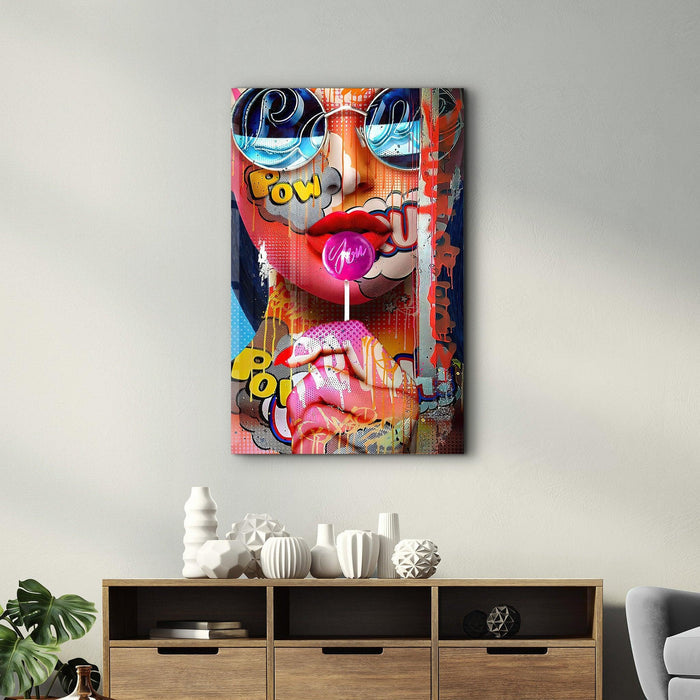 Elegant glass wall art by Artdesigna featuring a colorful, abstract design displayed on a modern wall.