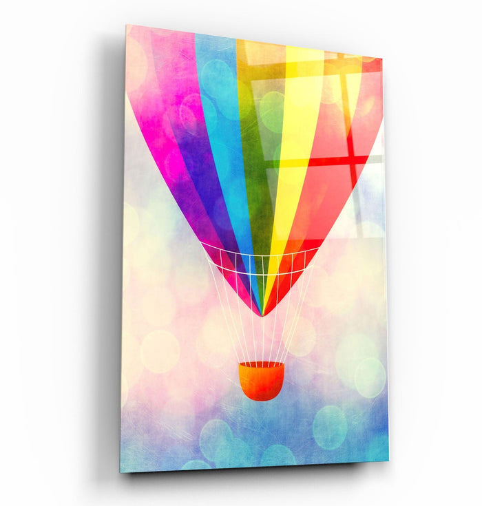 Colorful glass wall art featuring a hot air balloon design by Artdesigna, mounted on a wall for vibrant decor.