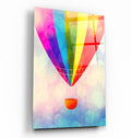 Colorful glass wall art featuring a hot air balloon design by Artdesigna, mounted on a wall for vibrant decor.
