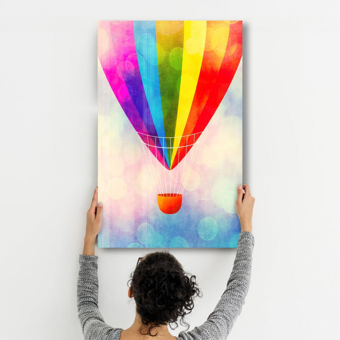 Colorful glass wall art featuring an air balloon design by Artdesigna, vibrant and decorative for wall decor.