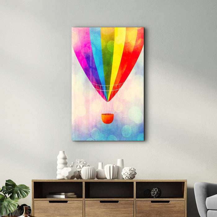 Colorful glass wall art featuring a hot air balloon design by Artdesigna, mounted on a wall for decorative display.