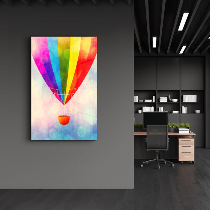 Colorful glass wall art featuring a hot air balloon design by Artdesigna, mounted on a wall with vibrant, artistic details.