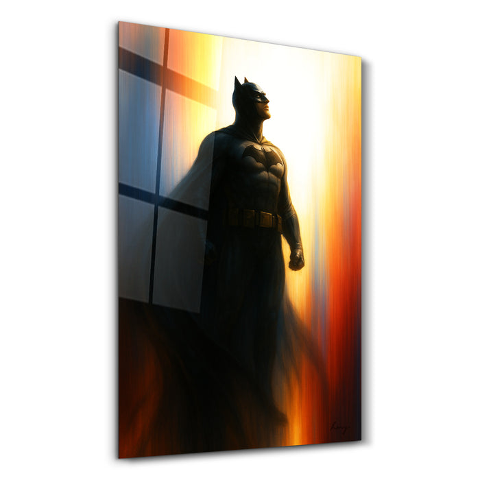 Glass wall art titled "The Bat of Gotham" by HMZ, featuring a dark, artistic depiction of the Bat symbol for modern wall decor.