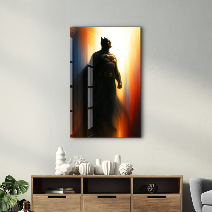 Glass wall art by HMZ featuring The Bat of Gotham design, 16x10 inches, from Artdesigna.