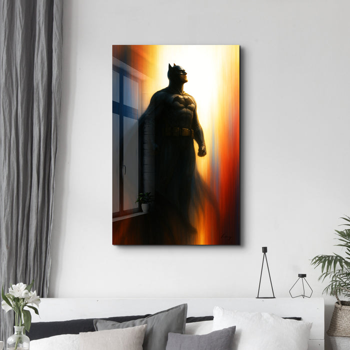Glass wall art titled "The Bat of Gotham" by HMZ, featuring a dark, stylized bat design from Artdesigna.