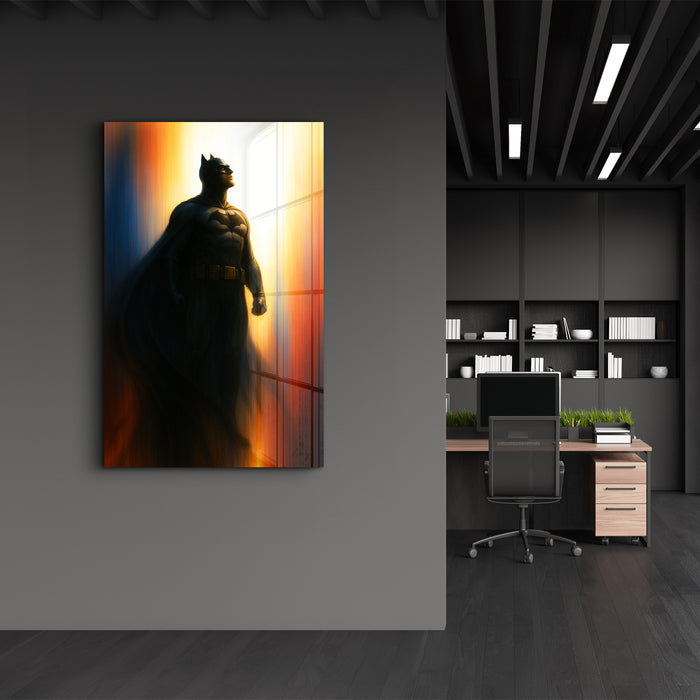 Glass wall art featuring The Bat of Gotham by HMZ, showcasing a sleek, artistic depiction of Batman-inspired imagery.