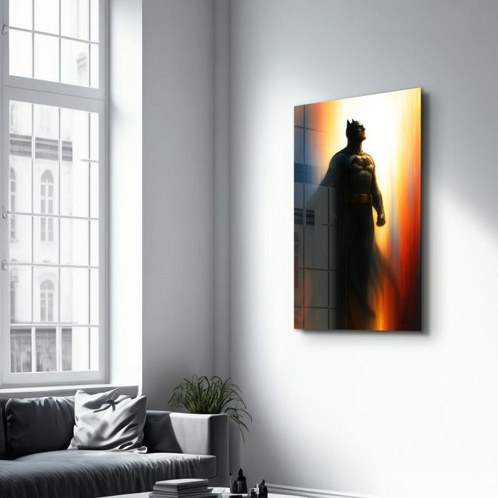 Glass wall art by Artdesigna featuring The Bat of Gotham design, with a sleek black silhouette on clear glass.