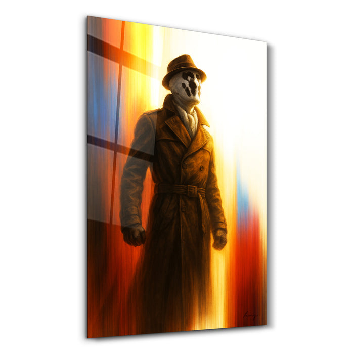 Glass wall art titled The Inkblot Vigilante by HMZ, featuring abstract black and white inkblot design on clear glass.