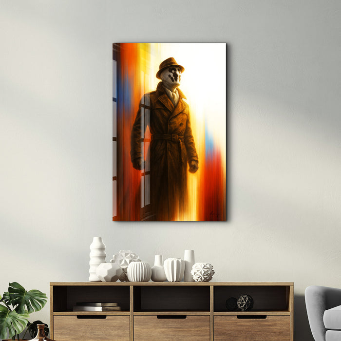 Glass wall art titled The Inkblot Vigilante by HMZ, featuring abstract, artistic design on clear glass panel.