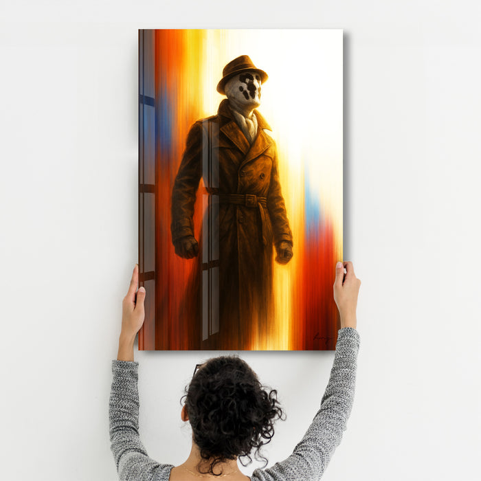 Glass wall art titled The Inkblot Vigilante by HMZ, featuring abstract black inkblot design on clear glass.