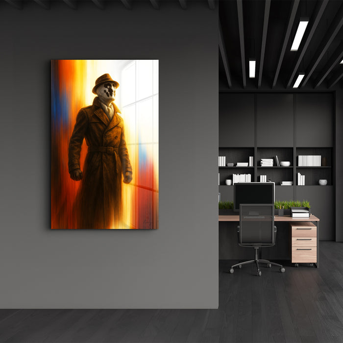 Glass wall art titled The Inkblot Vigilante by HMZ, featuring abstract black ink blot design on clear glass.