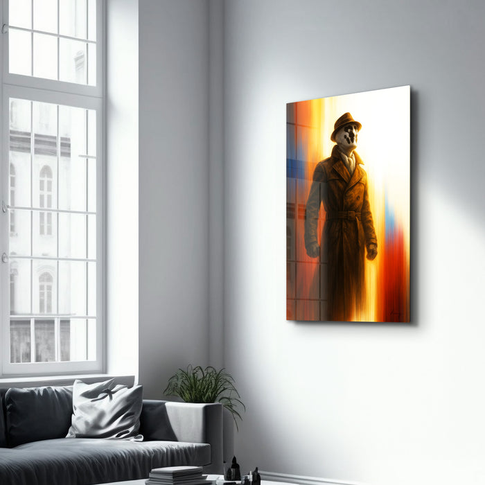 Glass wall art titled "The Inkblot Vigilante" by HMZ, featuring abstract black ink blot design on clear glass.