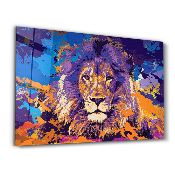 Colorful glass wall art featuring a lion design by Artdesigna, displayed on a modern wall.