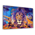 Colorful glass wall art featuring a lion design by Artdesigna, displayed on a modern wall.
