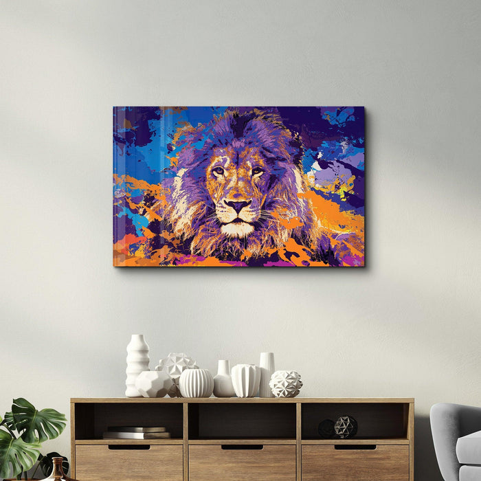 Colorful glass wall art featuring a lion design by Artdesigna, decorative piece with vibrant hues and intricate details.