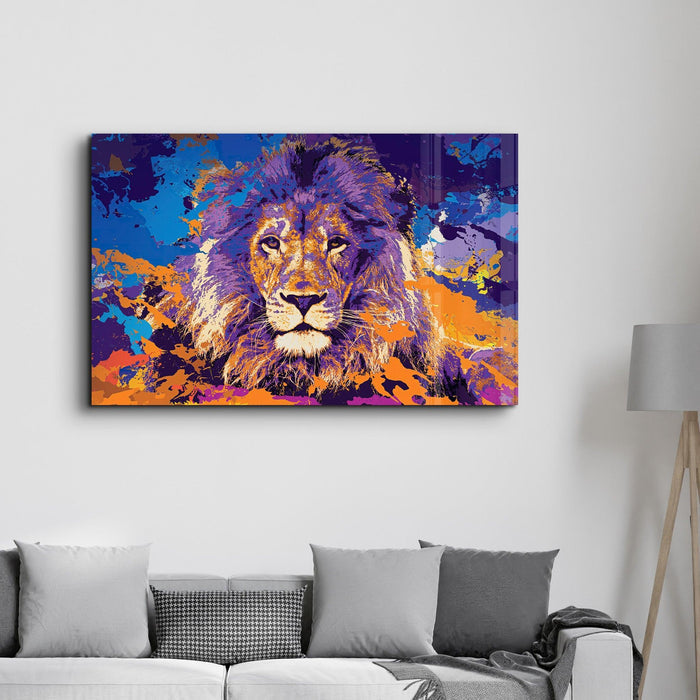Colorful glass wall art featuring a lion design by Artdesigna, vibrant and decorative wall decor piece.