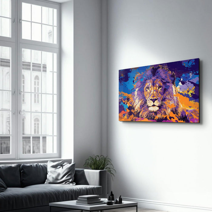 Colorful glass wall art featuring a lion design by Artdesigna, showcasing vibrant hues and intricate glass craftsmanship.