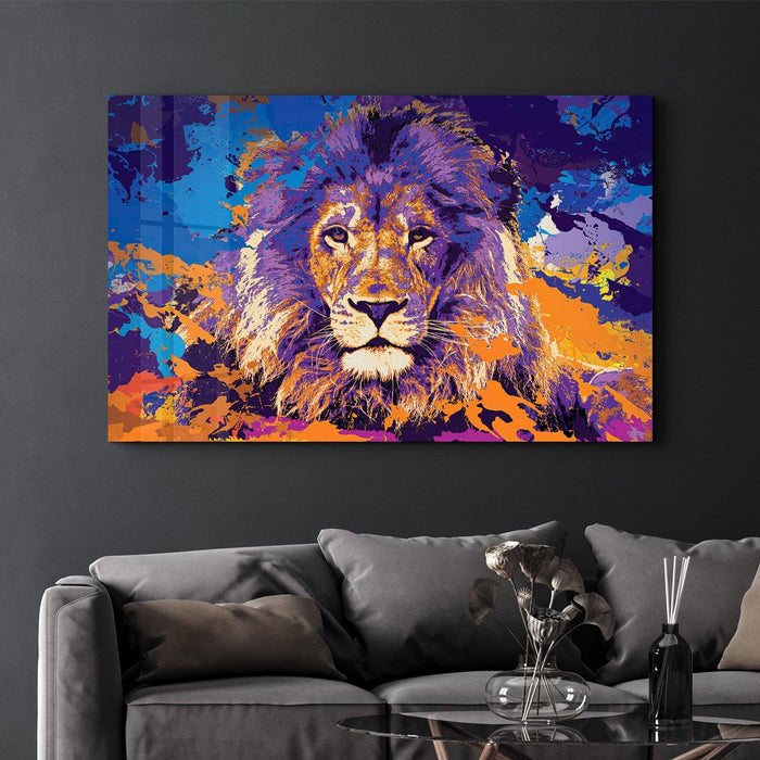 Colorful glass wall art featuring a lion design by Artdesigna, vibrant and decorative for modern wall decor.