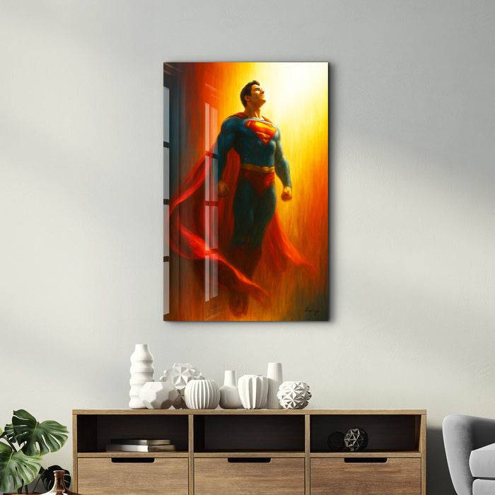 Glass wall art titled The Red Cape by HMZ, featuring vibrant red glass artwork displayed on a wall.