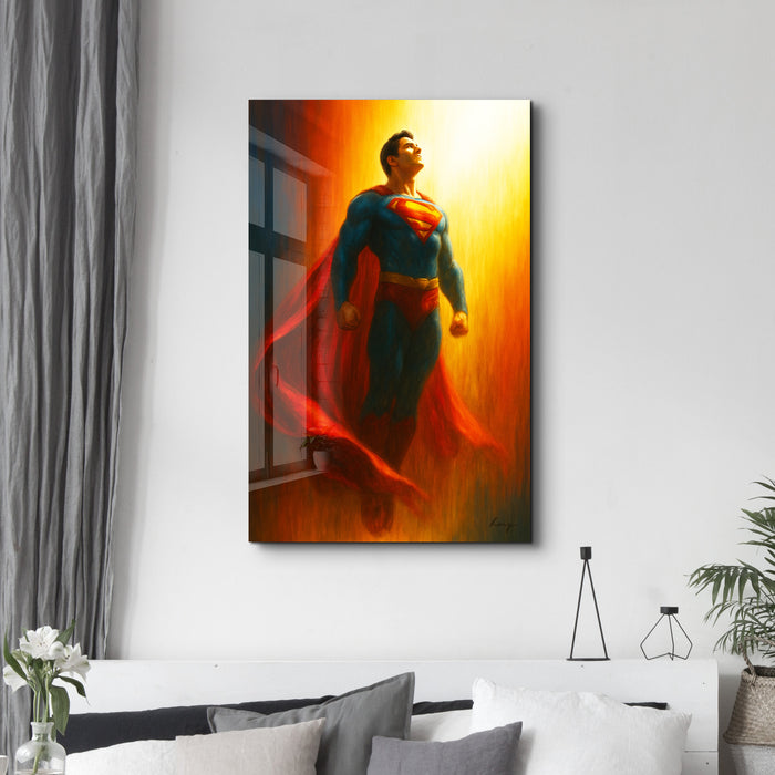 Glass wall art titled "The Red Cape" by HMZ, featuring vibrant red glass design on a sleek wall display.