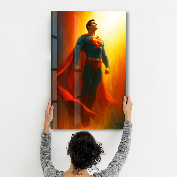 Glass wall art titled "The Red Cape" by HMZ, featuring vibrant red glass design in a sleek wall decor piece.