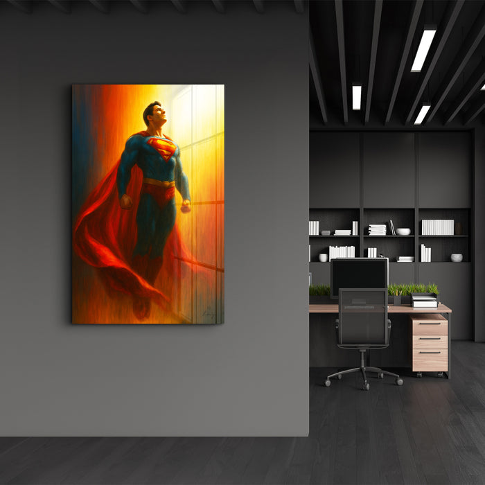 Red glass wall art titled "The Red Cape" by HMZ from Artdesigna, displayed on a wall, showcasing vibrant color and artistic design.