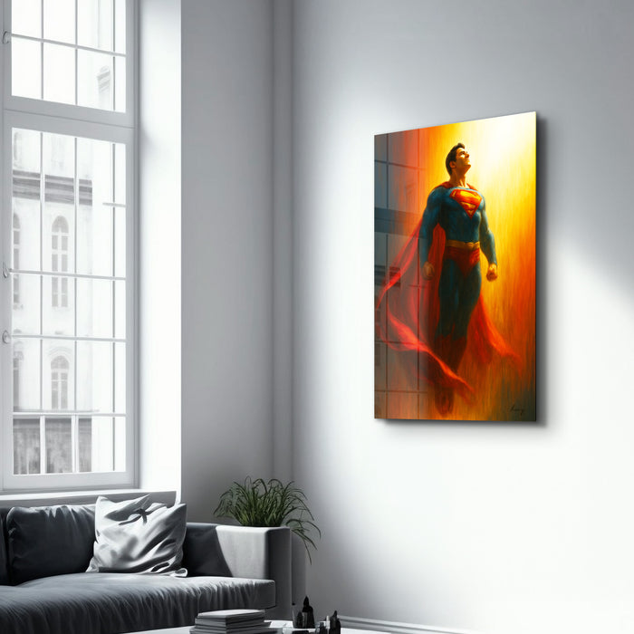 Glass wall art titled The Red Cape by HMZ, featuring vibrant red glass design, suitable for modern wall decor.