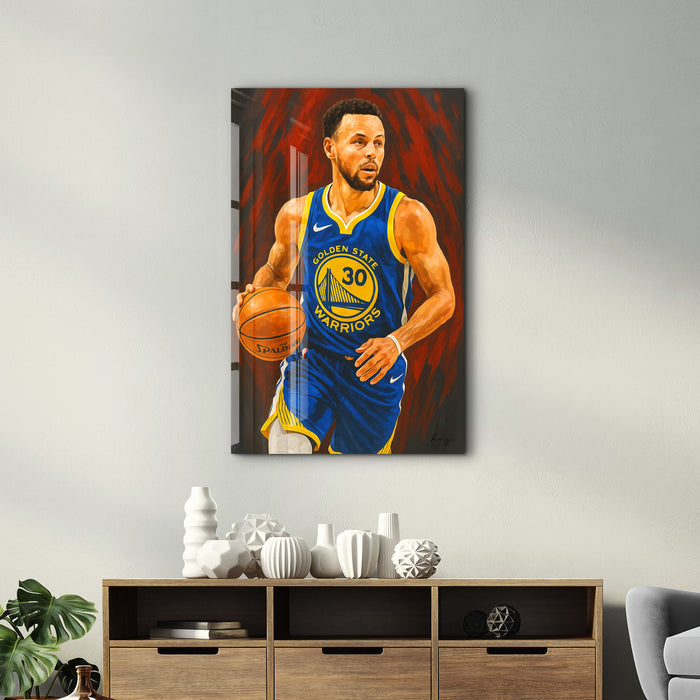 Glass wall art titled The Sharpshooter by HMZ, featuring a detailed artistic design in a sleek glass display.