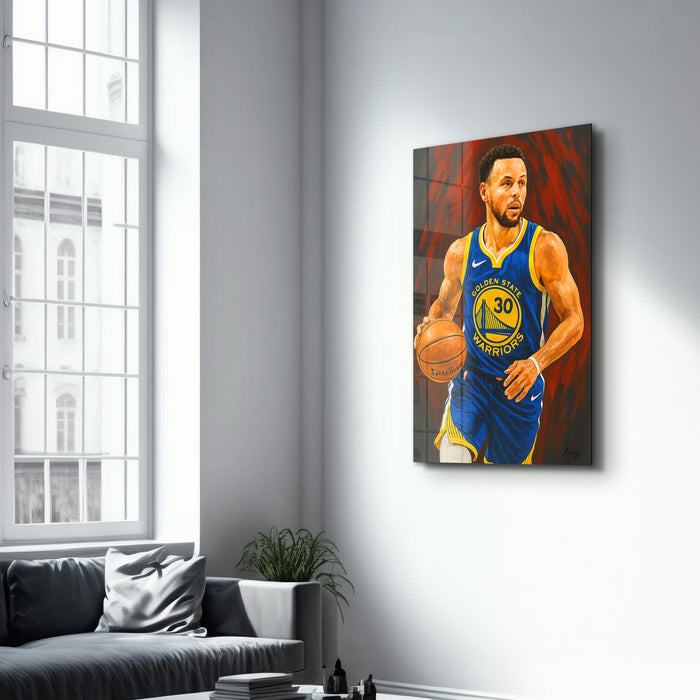 Glass wall art titled The Sharpshooter by HMZ, featuring a detailed, vibrant design on clear glass, by Artdesigna.