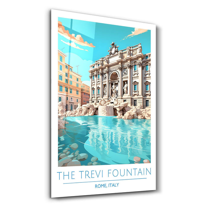 Glass wall art featuring the Trevi Fountain in Rome, Italy, by Artdesigna, showcasing iconic travel poster imagery.