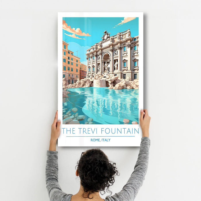 Glass wall art featuring The Trevi Fountain in Rome, Italy, by Artdesigna, showcasing a scenic travel poster with vibrant colors.