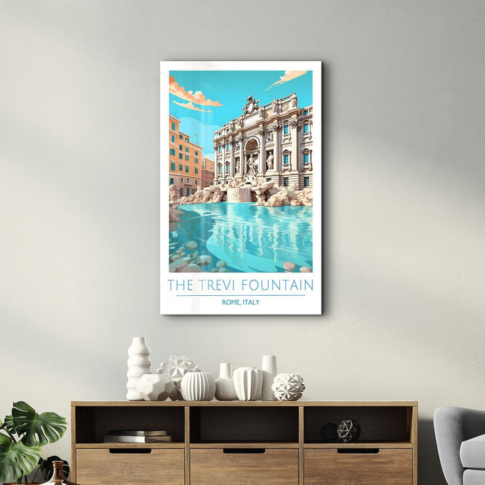 Glass wall art of The Trevi Fountain in Rome, Italy by Artdesigna, featuring a vibrant travel poster design.