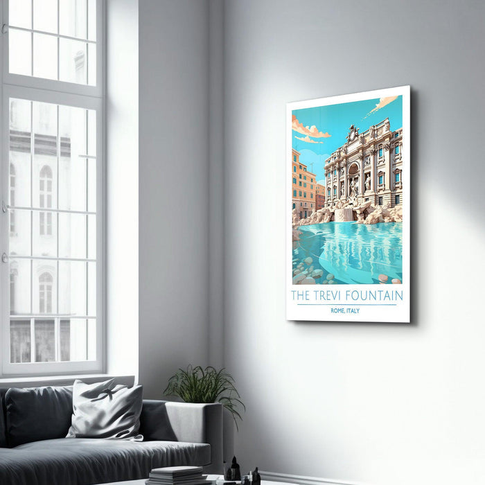 Glass wall art depicting the Trevi Fountain in Rome, Italy, by Artdesigna, showcasing a vibrant travel poster print.