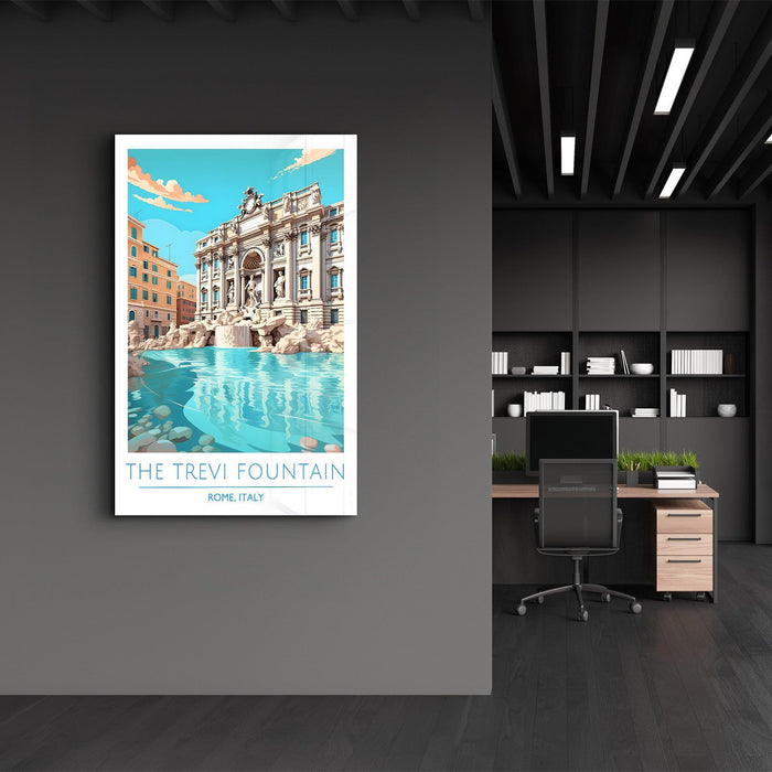 Glass wall art featuring the Trevi Fountain in Rome, Italy, by Artdesigna, showcasing a detailed travel poster image.