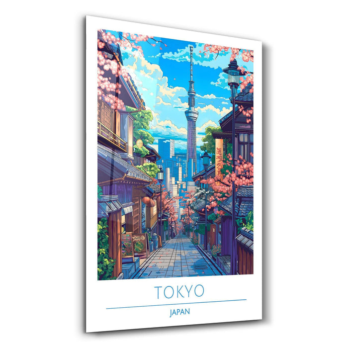Glass wall art featuring Tokyo Japan travel posters by Artdesigna, showcasing vibrant cityscape and iconic landmarks.