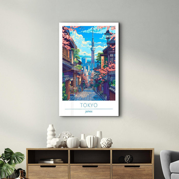 Glass wall art featuring Tokyo Japan travel posters by Artdesigna, showcasing vibrant cityscape design on clear glass.